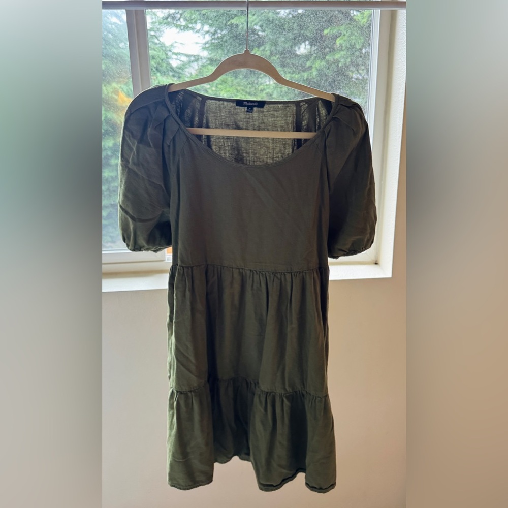 Madewell Olive Green Tiered Midi Dress with Puff Sleeves